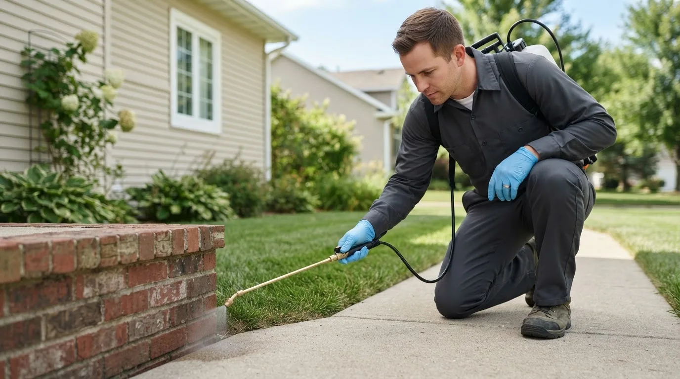 Pest control technician treating a home near Danforth, ME