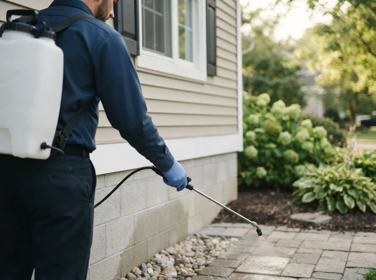 Pest control technician inspecting a home in Danforth, ME